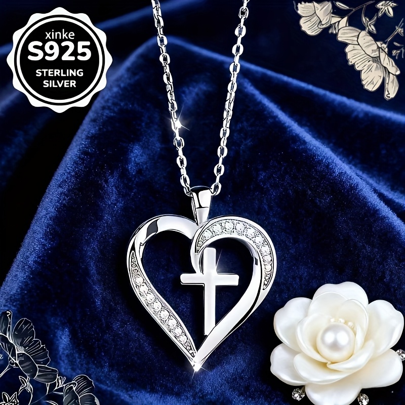 Women's Heart-Shaped Silvery Cross Necklace, Symbolizing Eternal Love
